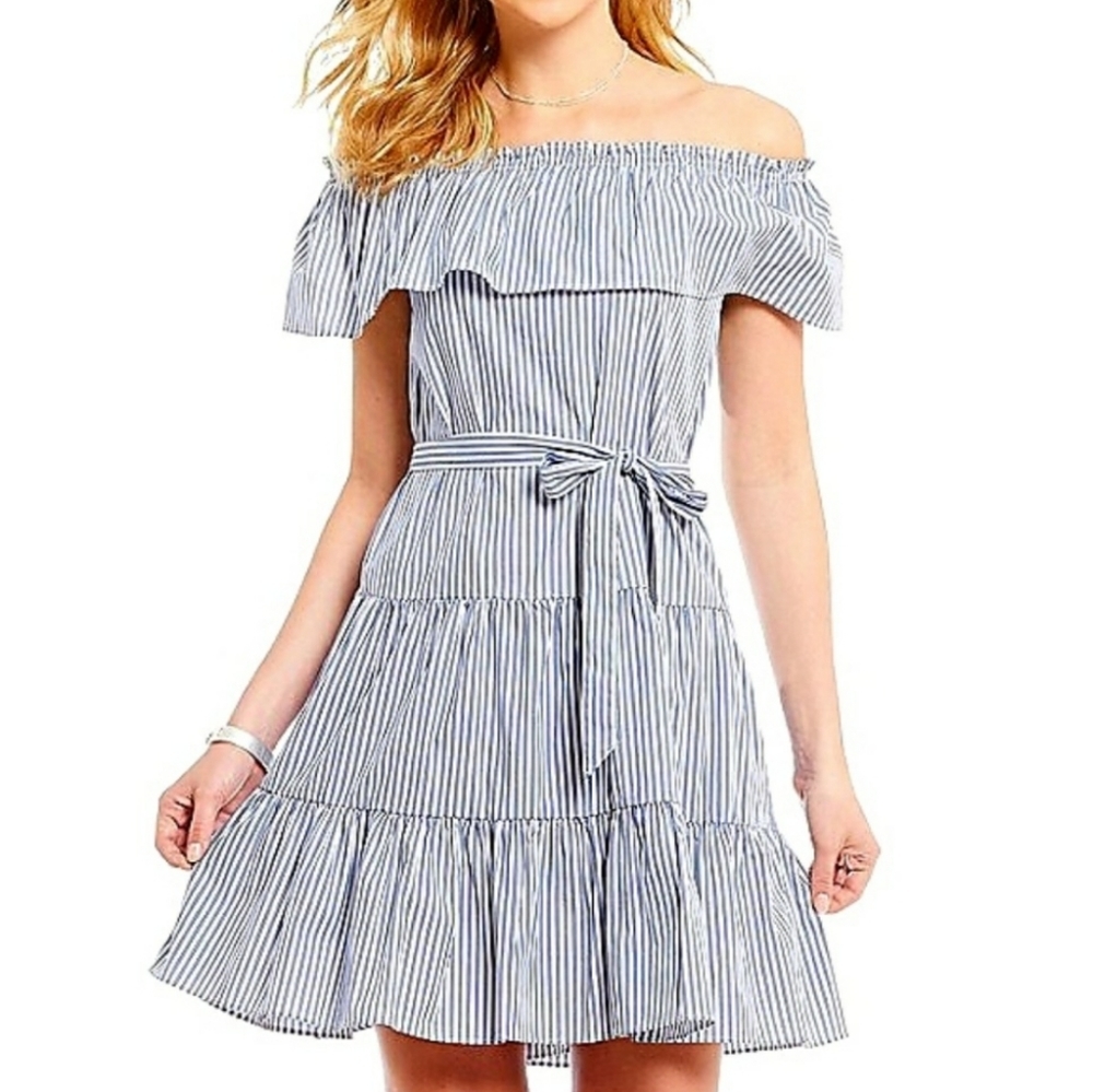 Cremieux Niko Striped Ruffle Off Shoulder Dress XS